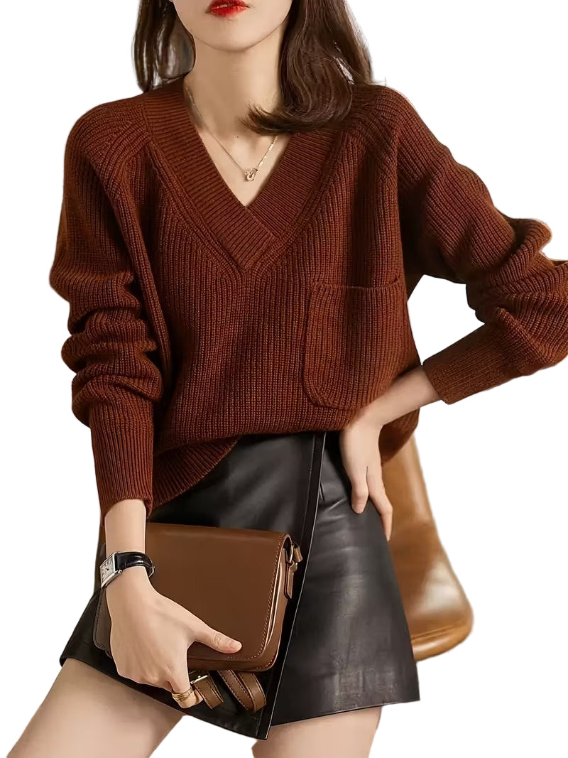 Damski Sweter z Dekoltem w Serek i Kieszonką na Piersi