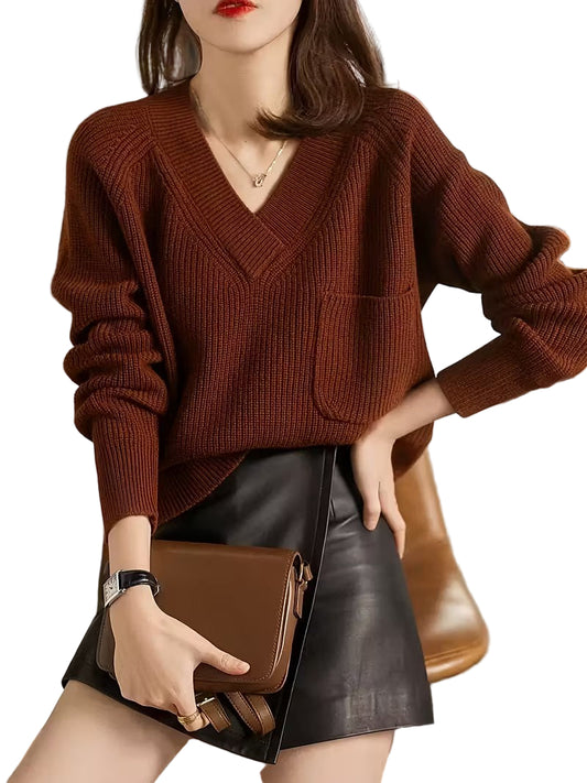 Damski Sweter z Dekoltem w Serek i Kieszonką na Piersi