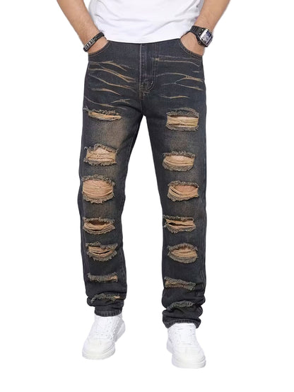 Męskie Spodnie o Prostej Nogawce z Rozdarciami