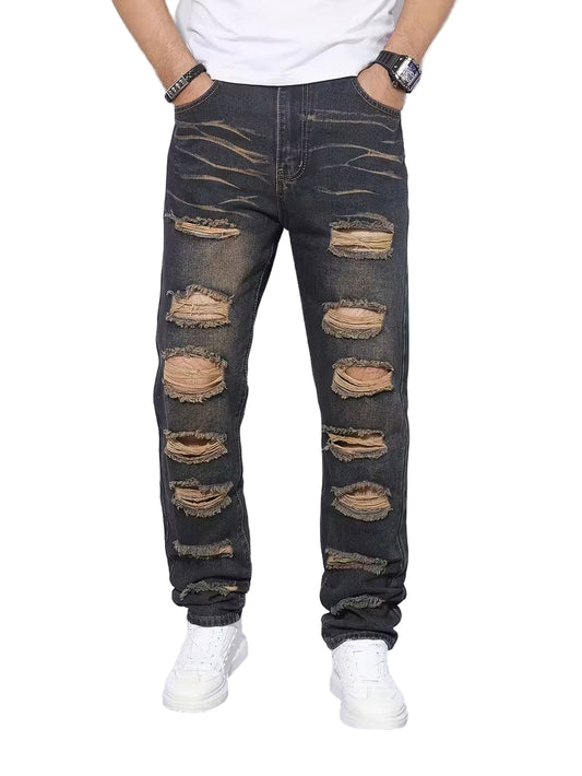 Męskie Spodnie o Prostej Nogawce z Rozdarciami