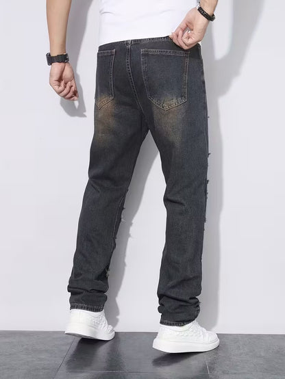 Męskie Spodnie o Prostej Nogawce z Rozdarciami